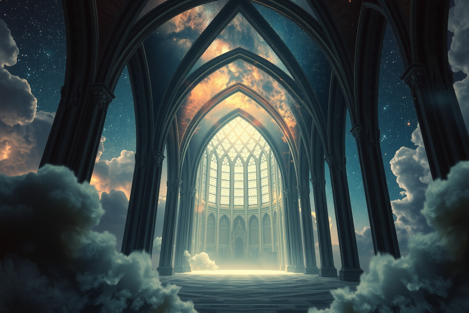 Allein in leerer Kathedrale symbolisiert innere Suche und Selbstreflexion.