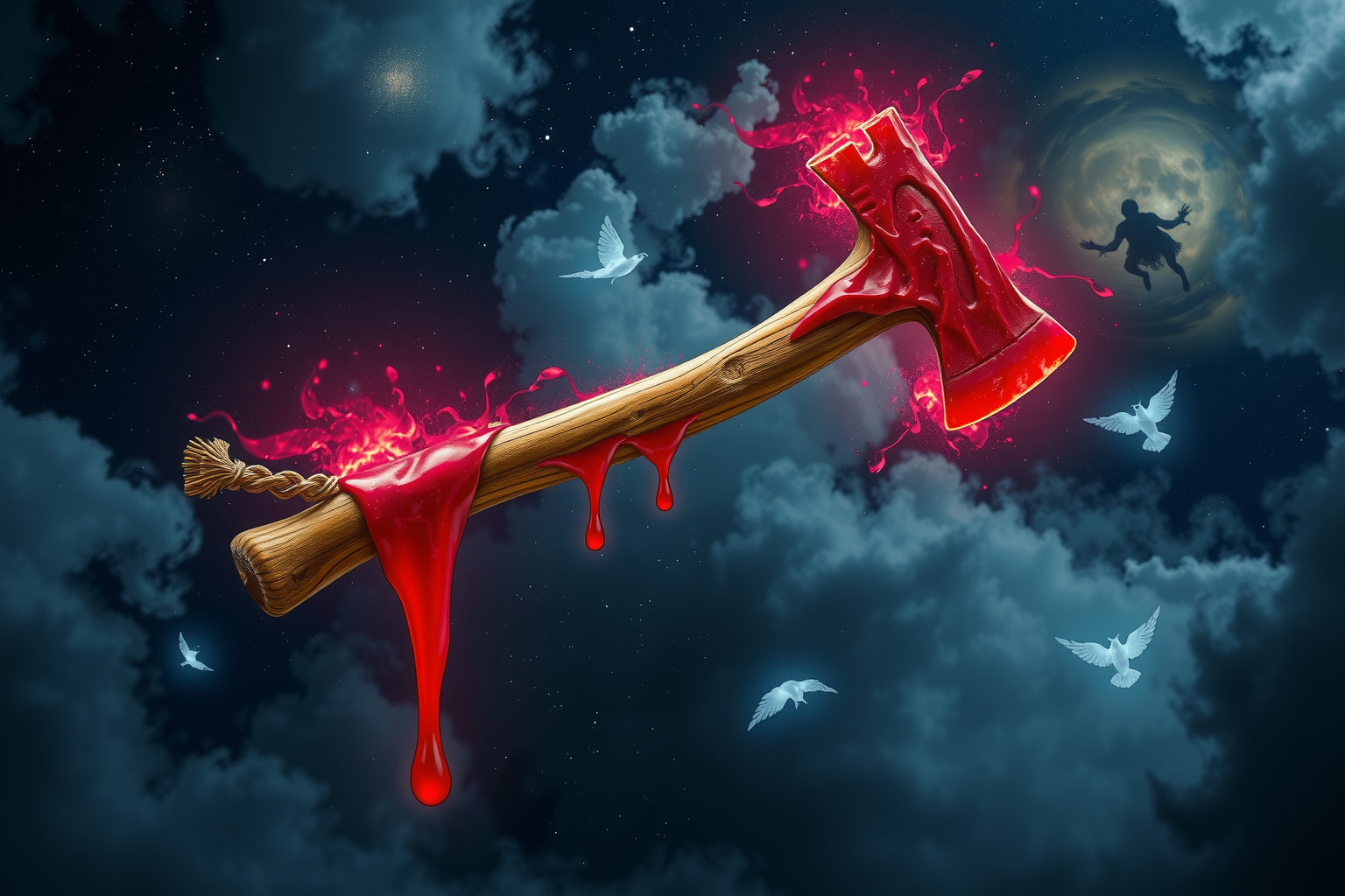 Eine blutige Holzaxt symbolisiert Konflikte und innere Aggression.