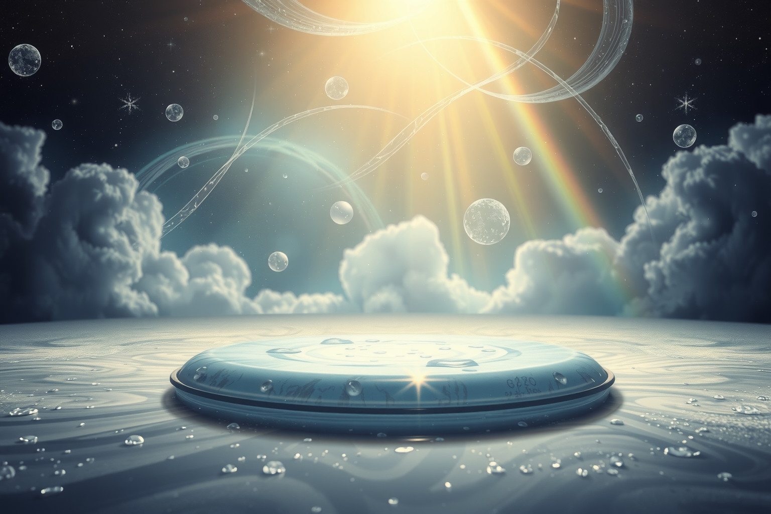 Eine Regenpfütze im Sonnenlicht symbolisiert Hoffnung und Neubeginn.