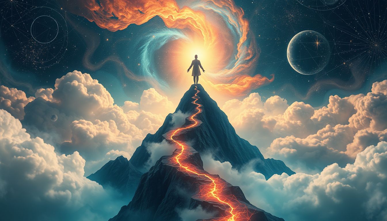 Das Stehen auf einem Berg symbolisiert Mut, Zielstrebigkeit und Überwindung.