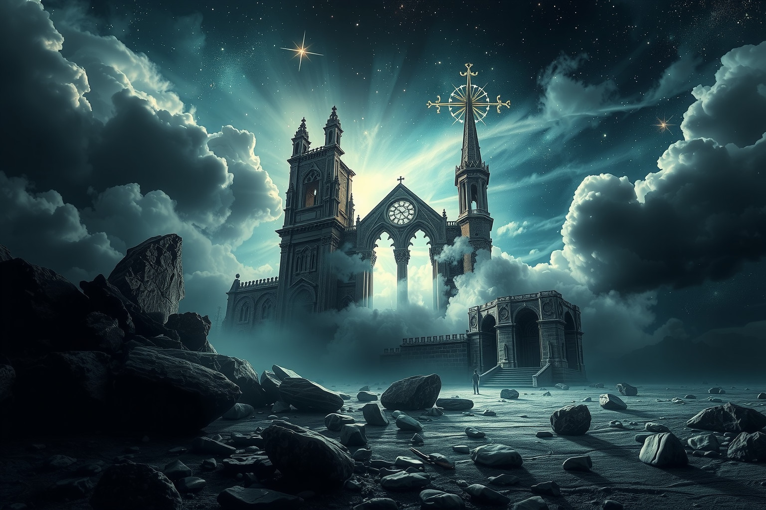 Eine verfallene Kathedrale symbolisiert verlorenen Glauben und vergangene Größe.