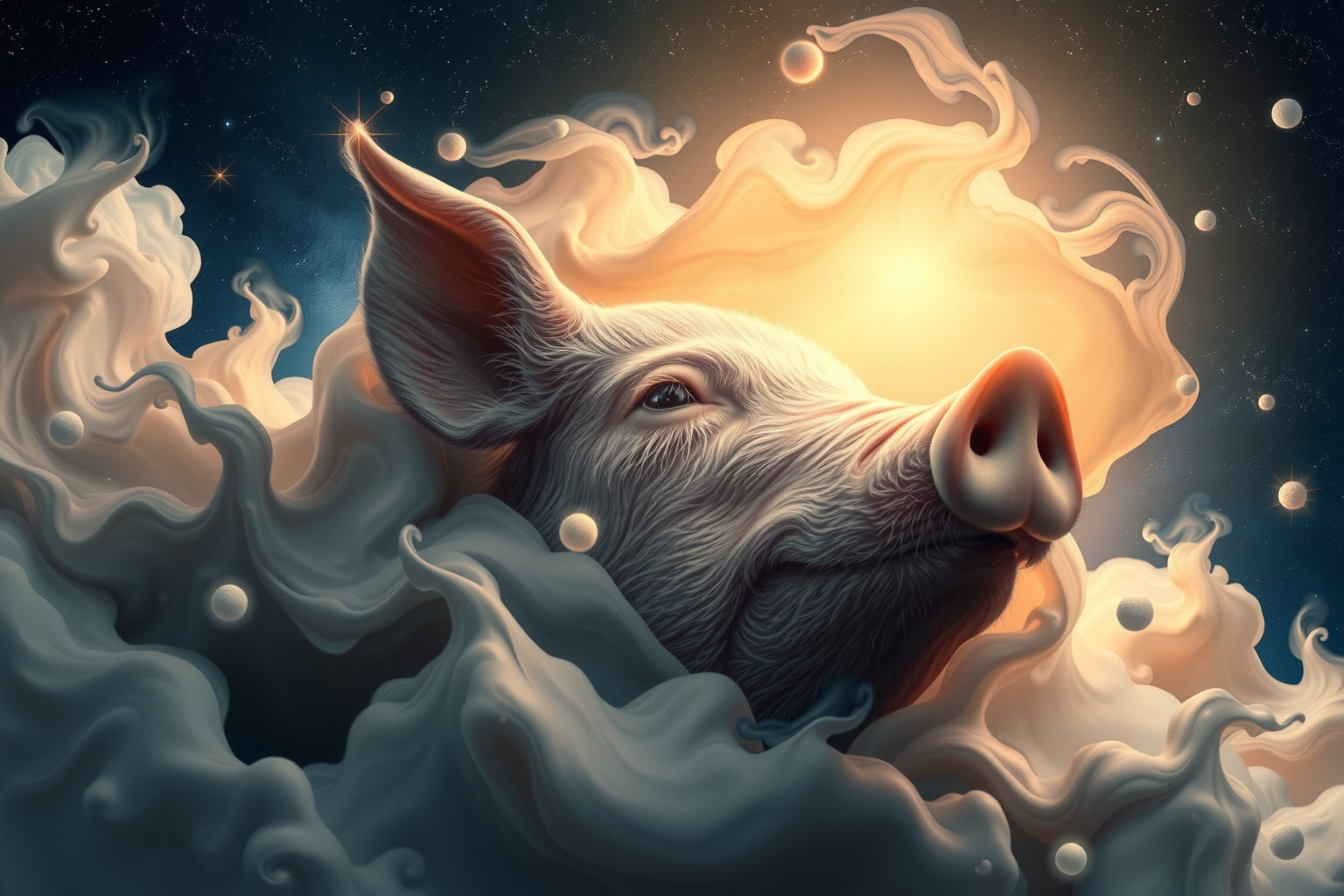 Eine Schweineschnauze im Schlamm symbolisiert Unschuld und Erdverbundenheit.