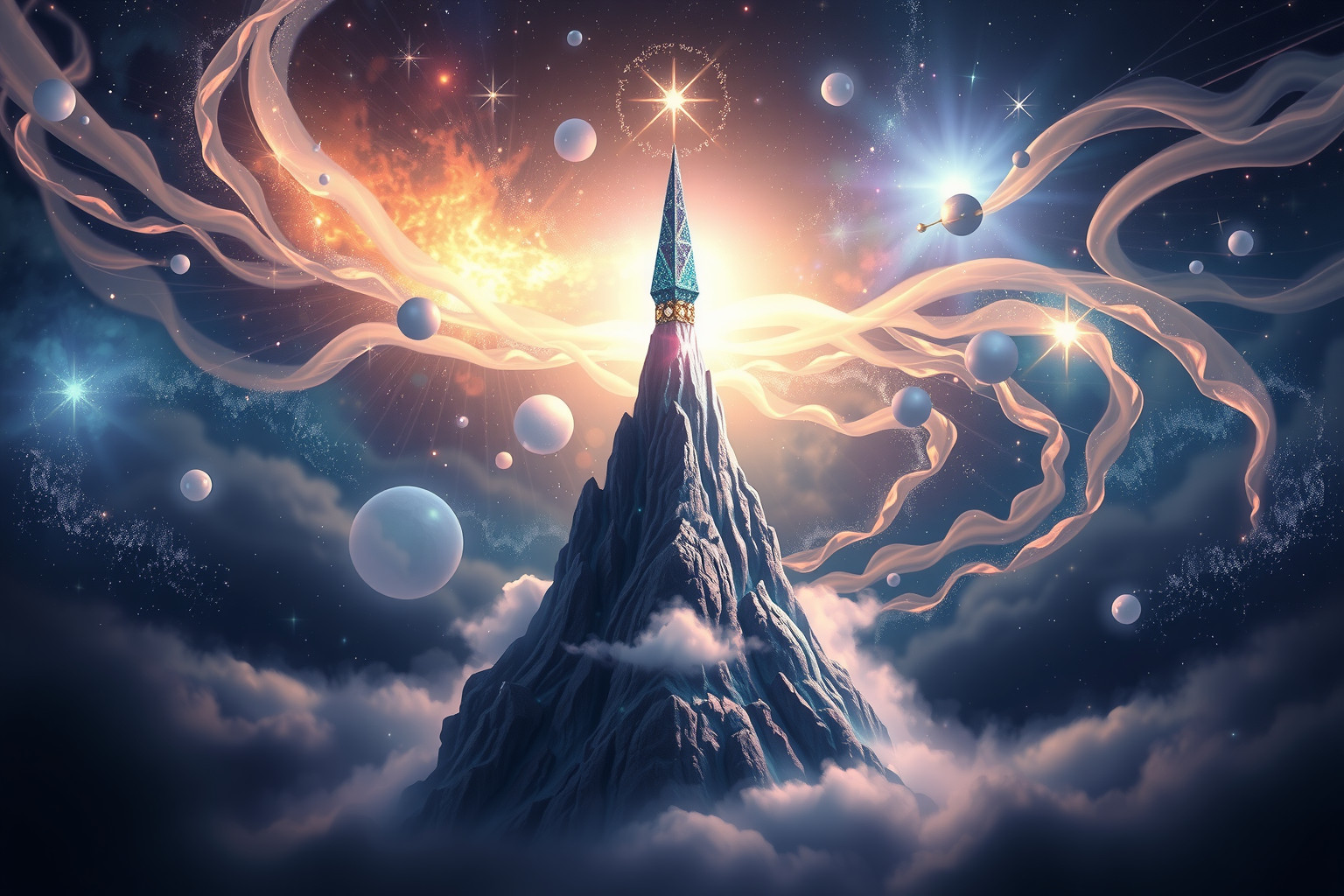 Eine juwelenbesetzte Turmkuppe symbolisiert hohe spirituelle Erfüllung.