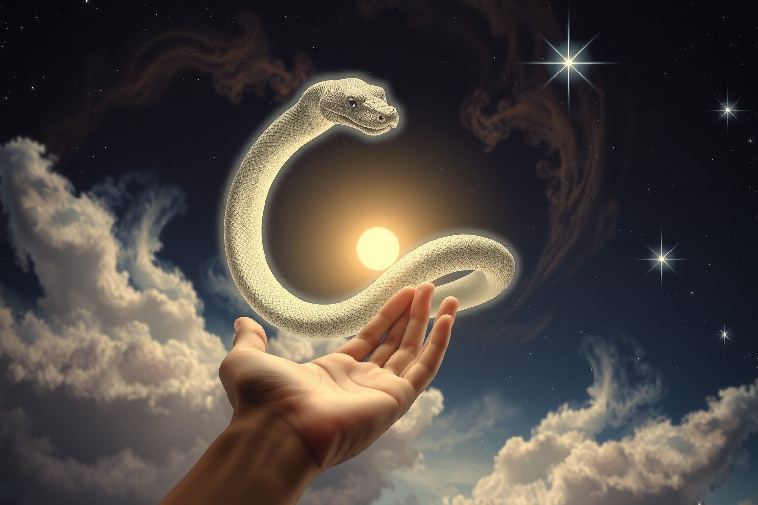 Das Halten einer Schlange symbolisiert Selbstkontrolle und innere Akzeptanz.