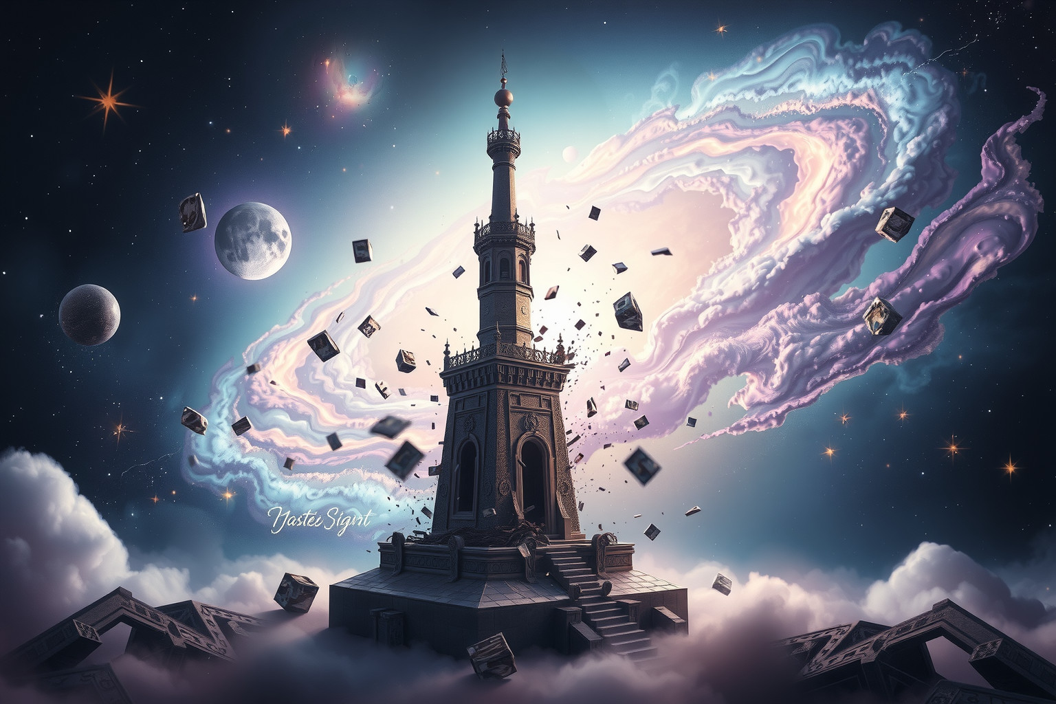 Eine einstürzende Turmkuppe symbolisiert plötzlichen Kontrollverlust im Traum.