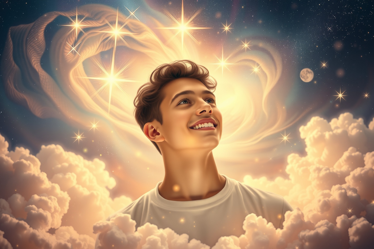 Ein glücklicher junger Mann im Traum symbolisiert innere Zufriedenheit.