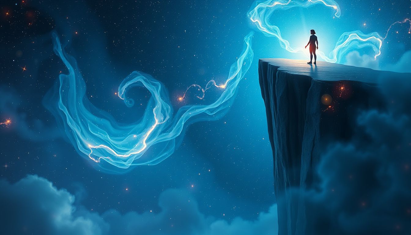 Das Stehen am Abgrund symbolisiert oft risikoreiche Entscheidungen im Traum.