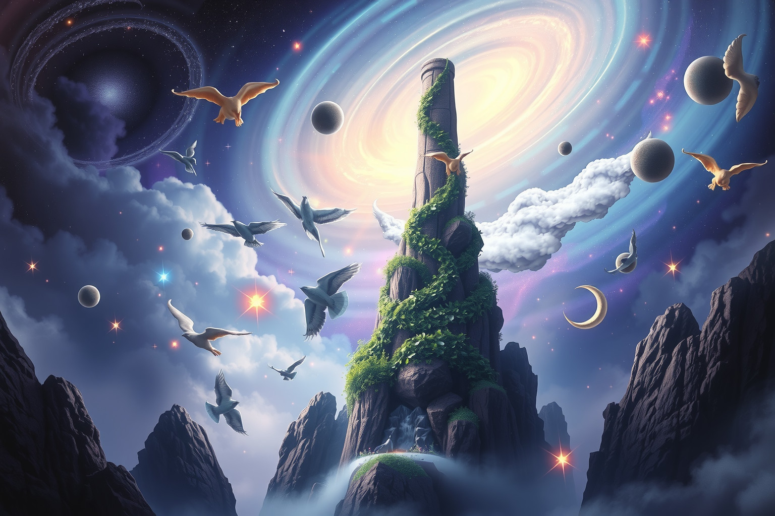 Eine von Efeu überwucherte Turmkuppe symbolisiert Wachstum und Vergänglichkeit.
