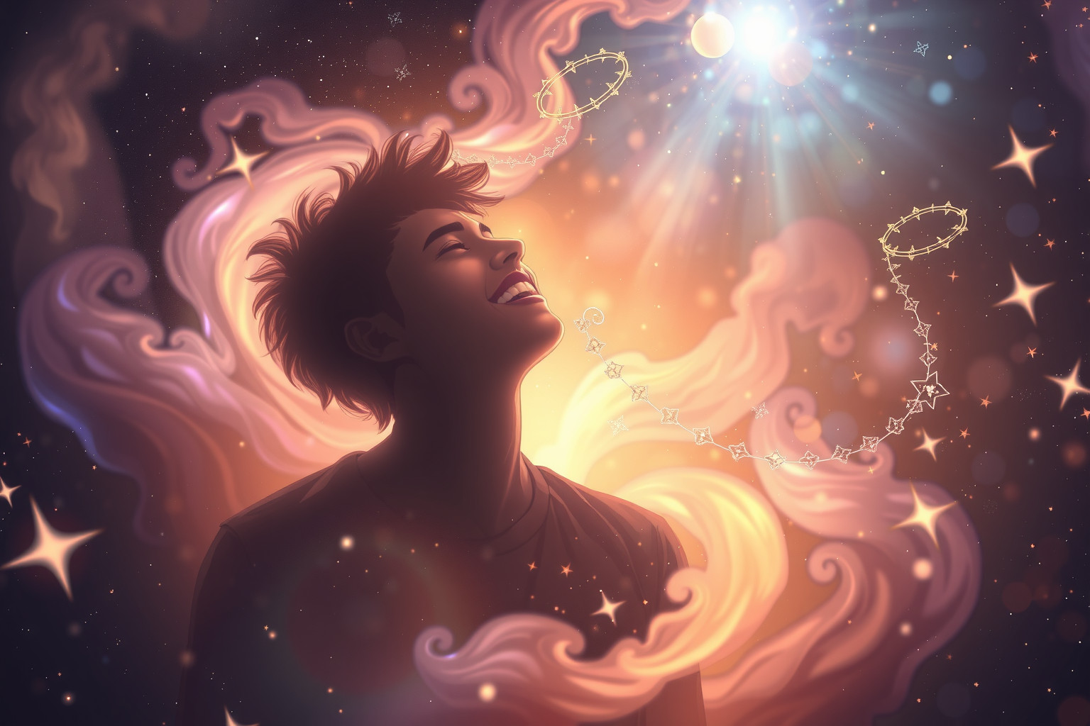 Ein lachender junger Mann symbolisiert Freude und innere Freiheit im Traum.