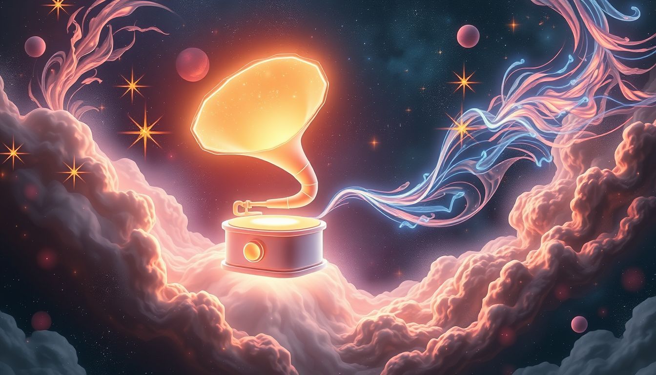 Ein selbstspielendes Grammophon symbolisiert unabhängige Kreativität und Freiheit.