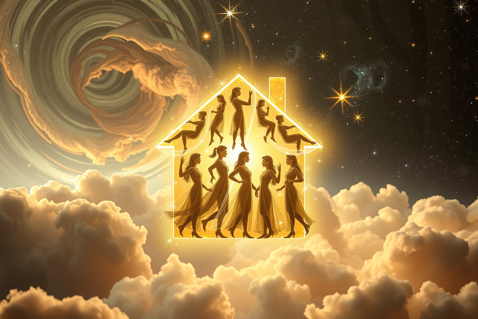 Ein Haus voller Menschen symbolisiert Gemeinschaft und innere Konflikte.