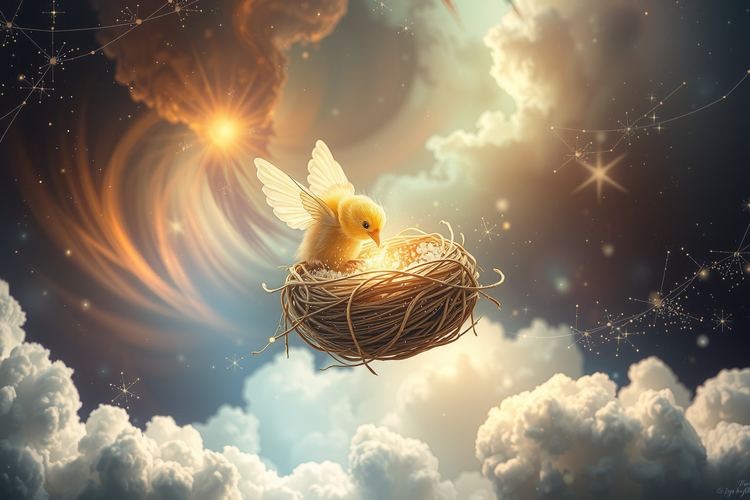 Ein Jungvogel baut Nester als Symbol für Zukunft und Schutz.