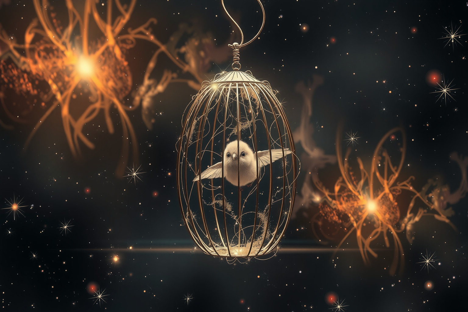 Ein Jungvogel im Käfig symbolisiert blockierte Freiheit und ungelebtes Potenzial.
