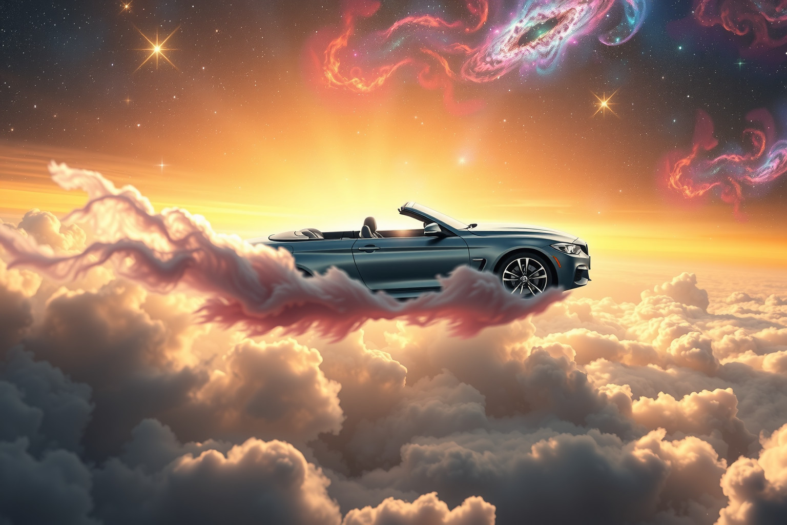 Ein fliegendes Kabrio symbolisiert grenzenlose Freiheit und spirituelle Erhebung.