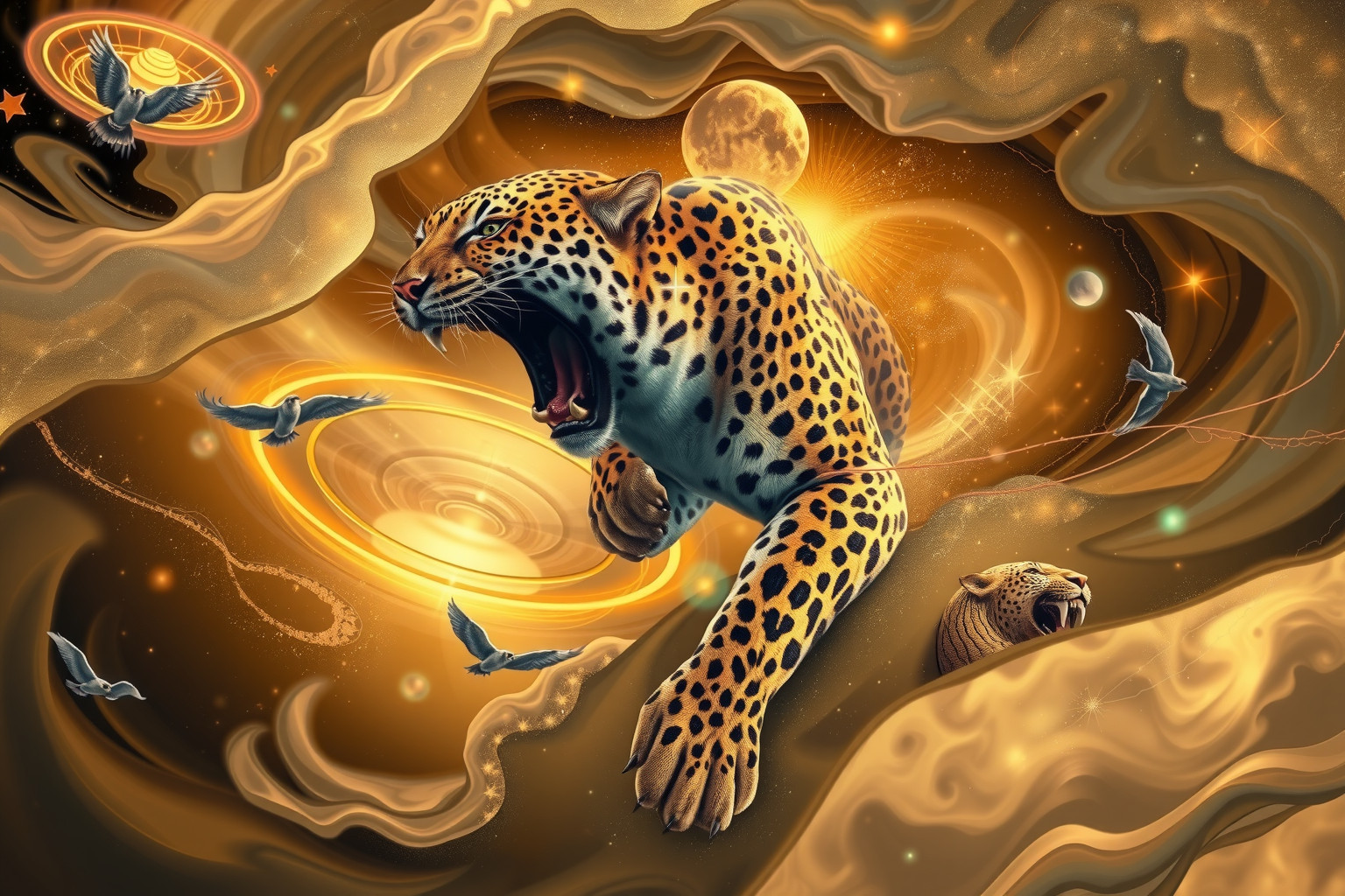 Ein Leopard brüllt zeigt innere Stärke und bevorstehende Herausforderungen an.