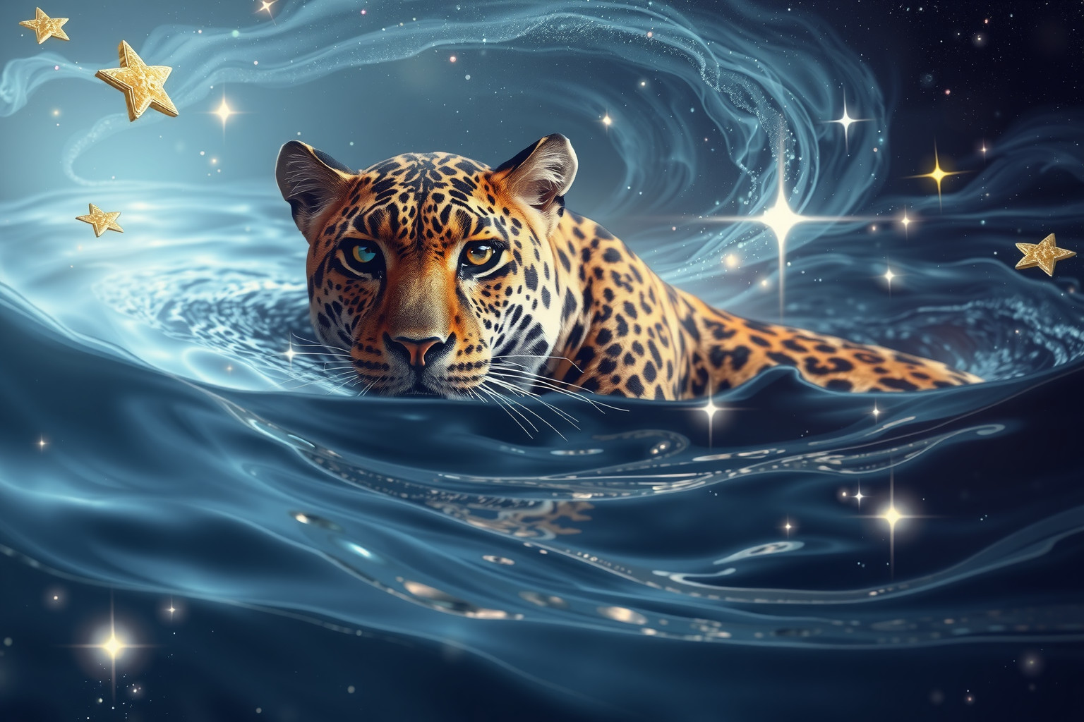 Ein Leopard im Wasser symbolisiert emotionale Stärke und Anpassungsfähigkeit.