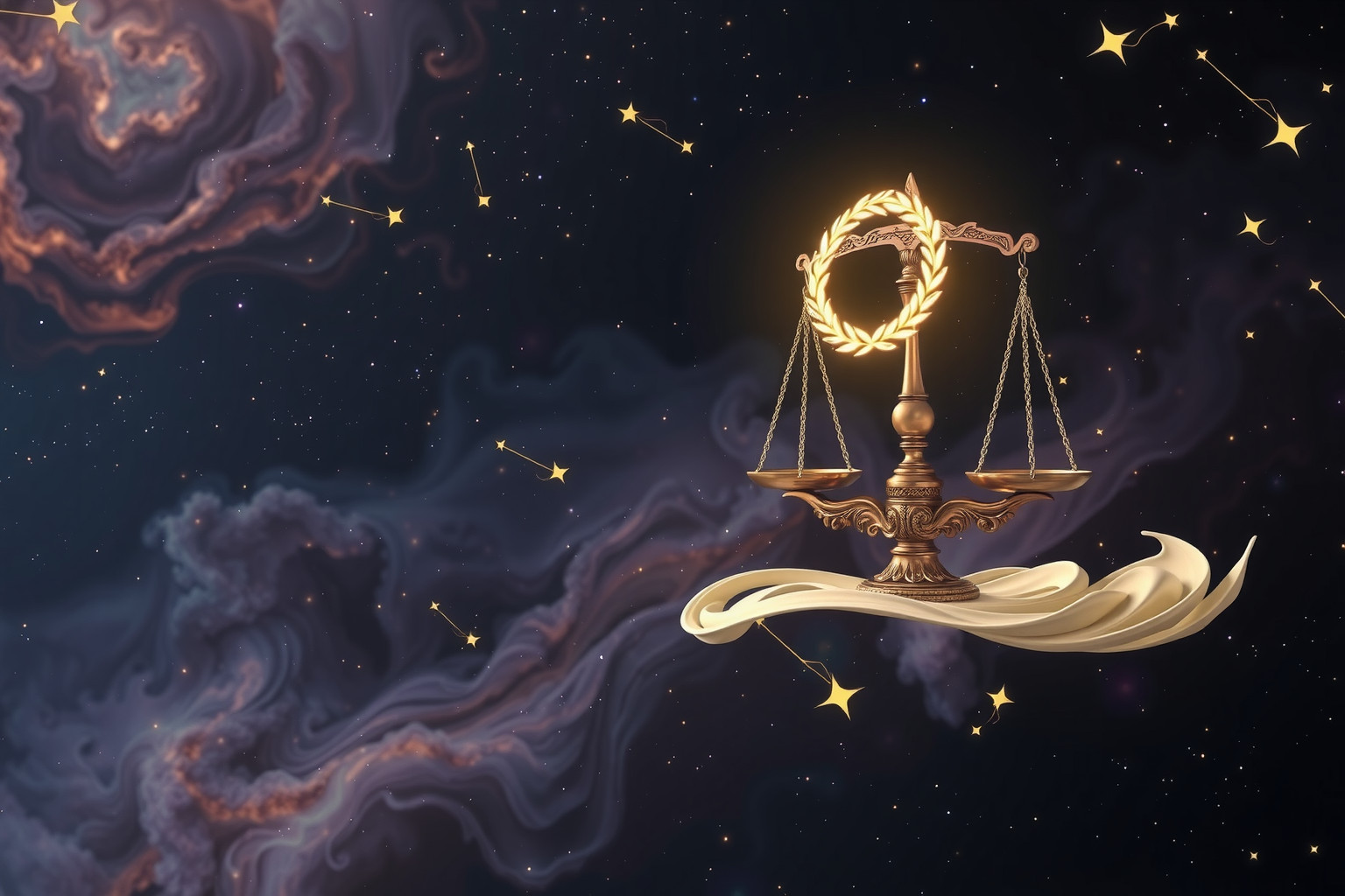 Ein Lorbeerkranz und eine Waage symbolisieren gerechtfertigten Erfolg und Balance.