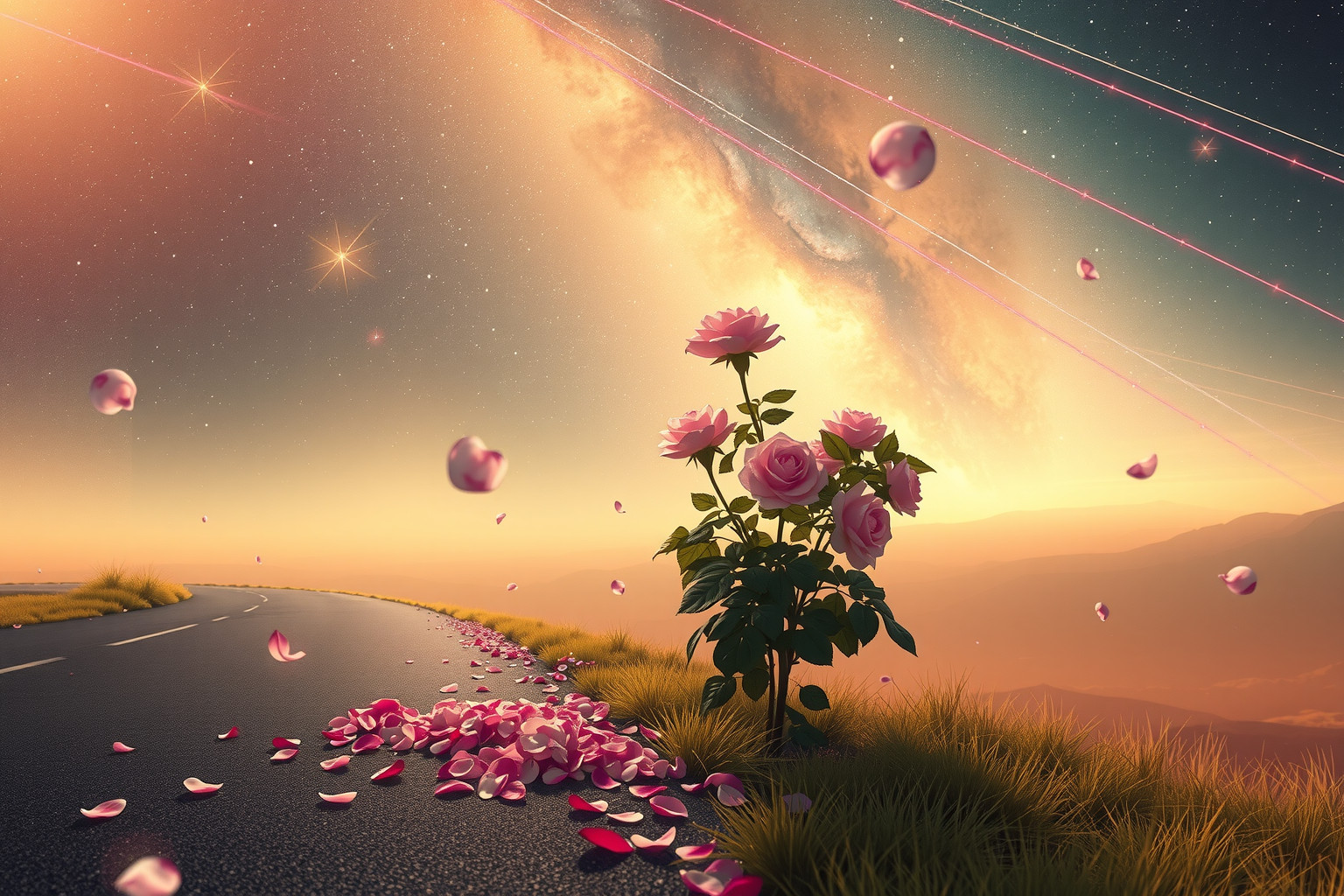 Ein Rosenbusch am Wegesrand symbolisiert unerwartete Chancen und Begegnungen.