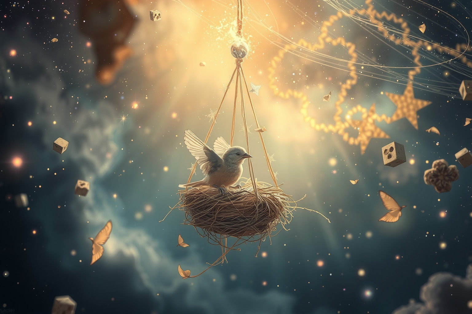 Ein Sperling baut ein Nest als Symbol für Geborgenheit und Zuhause.