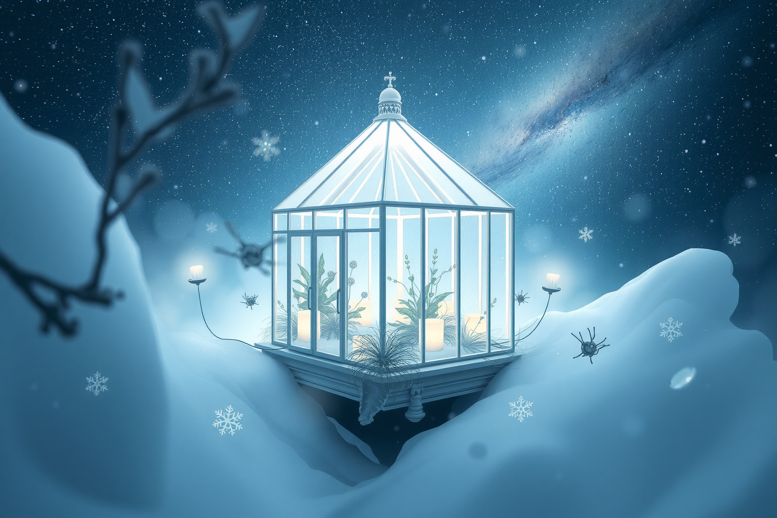 Ein Treibhaus im Winter symbolisiert Schutz und innere Wärme.