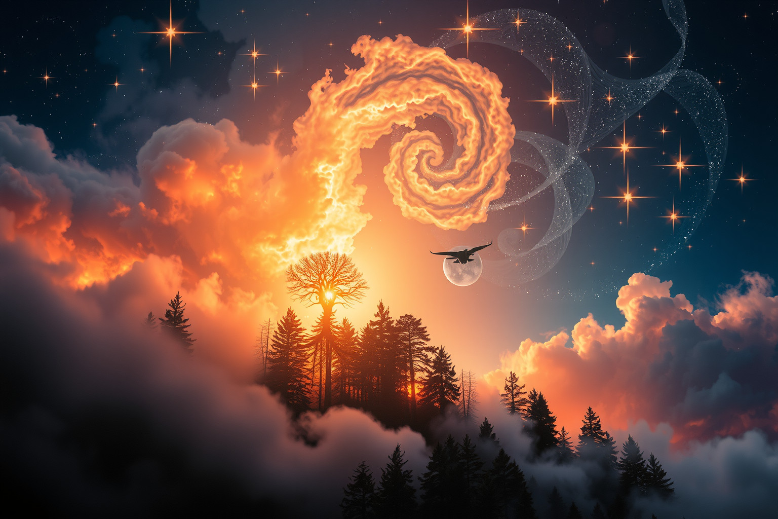 Ein brennender Wald symbolisiert oft tiefgreifende innere Transformationen.