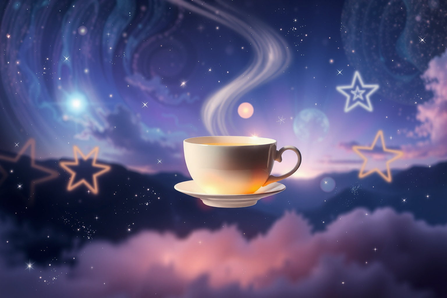 Eine schwebende Teetasse symbolisiert Leichtigkeit und geistige Freiheit.
