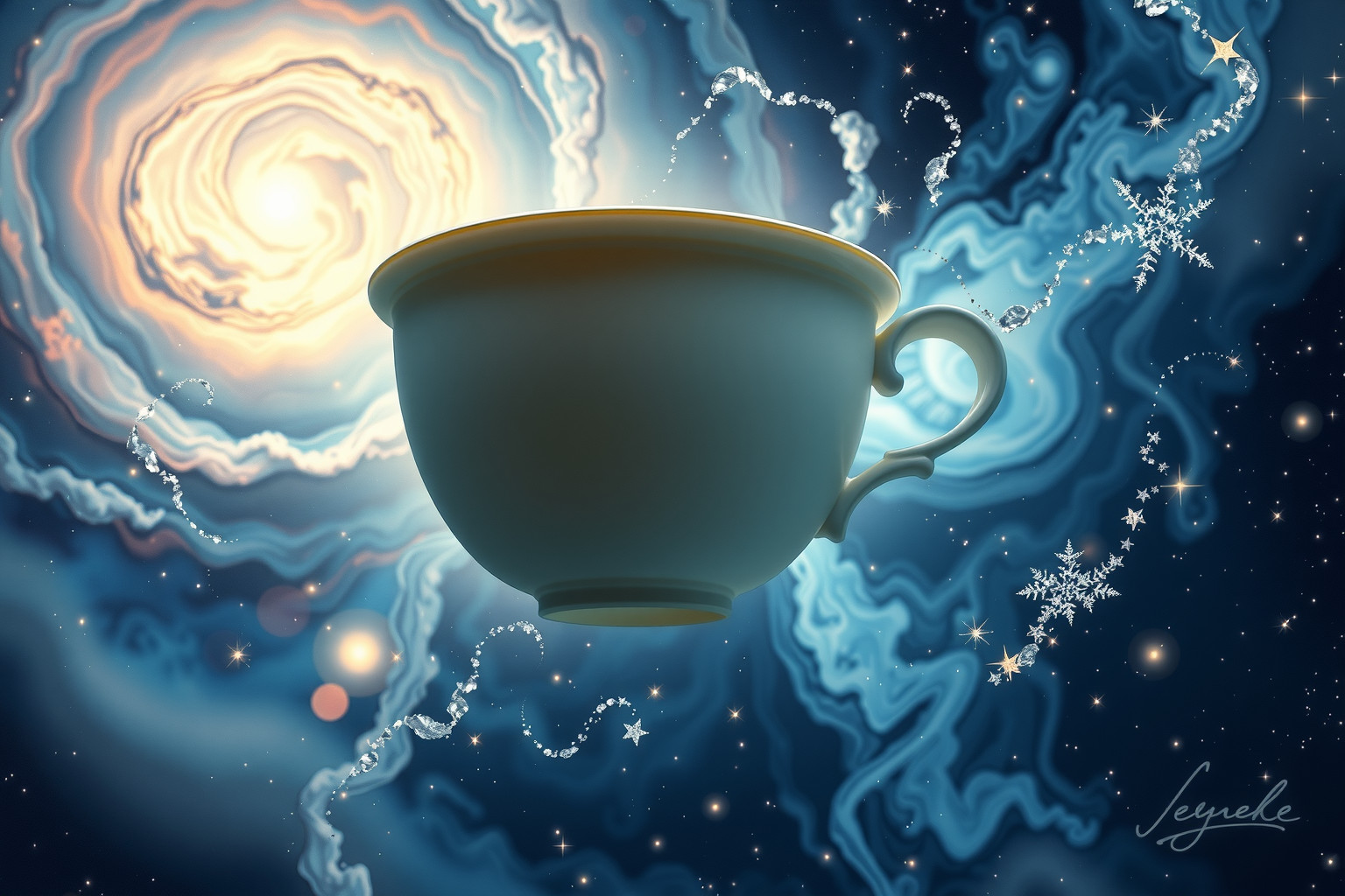 Eine Teetasse in ungewöhnlicher Umgebung symbolisiert unerwartete Lebensfreude.