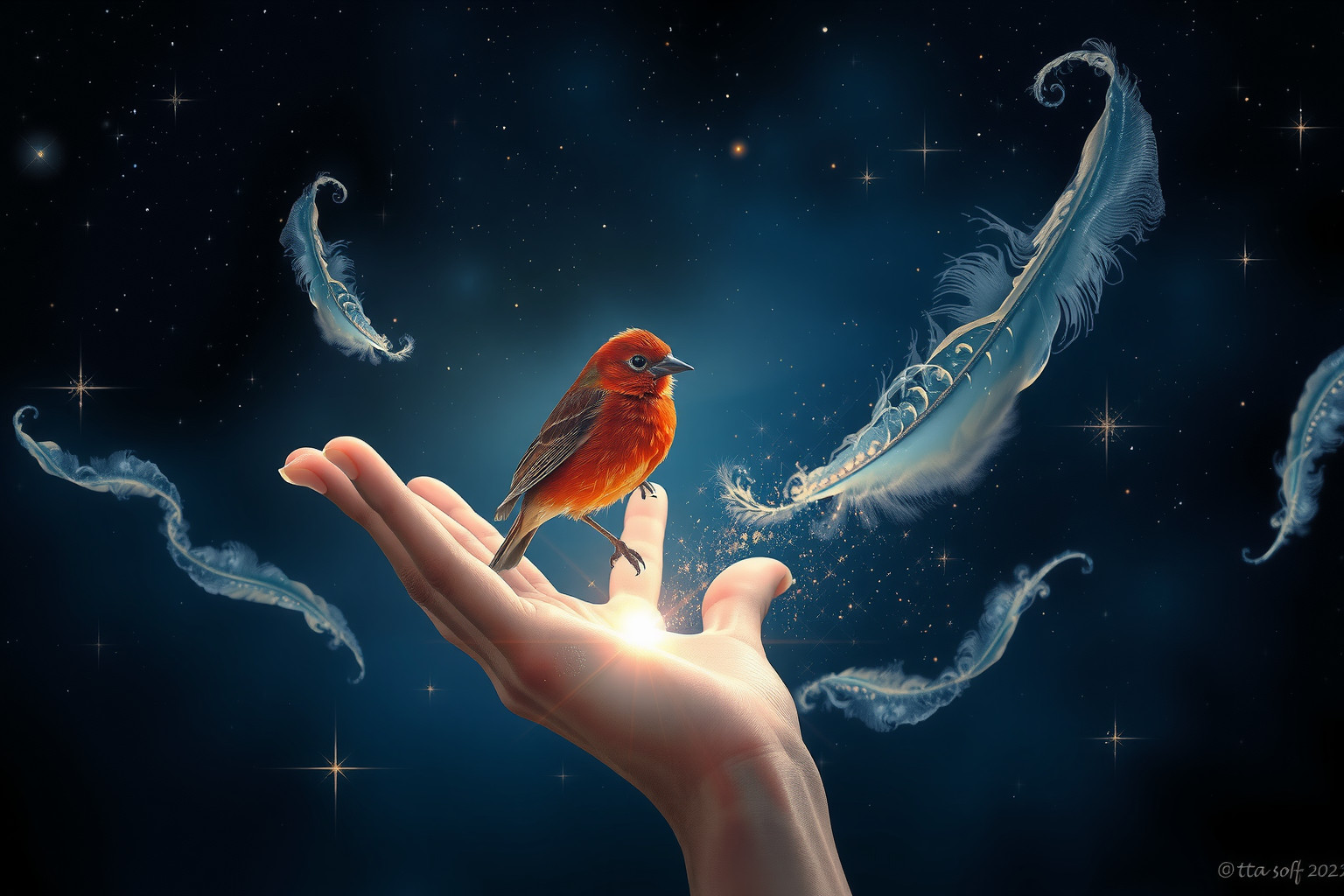 Ein Rotkehlchen auf der Hand symbolisiert Glück und Schutz.