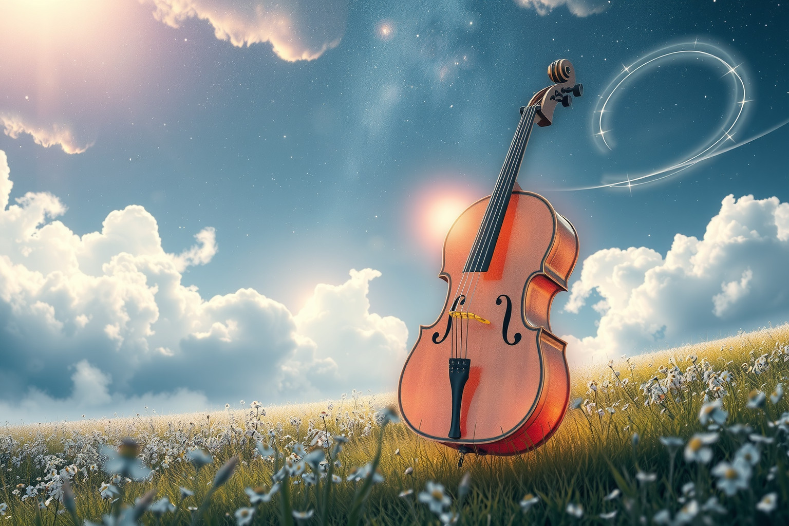 Ein Cello im Freien symbolisiert kreative Freiheit und innere Harmonie.