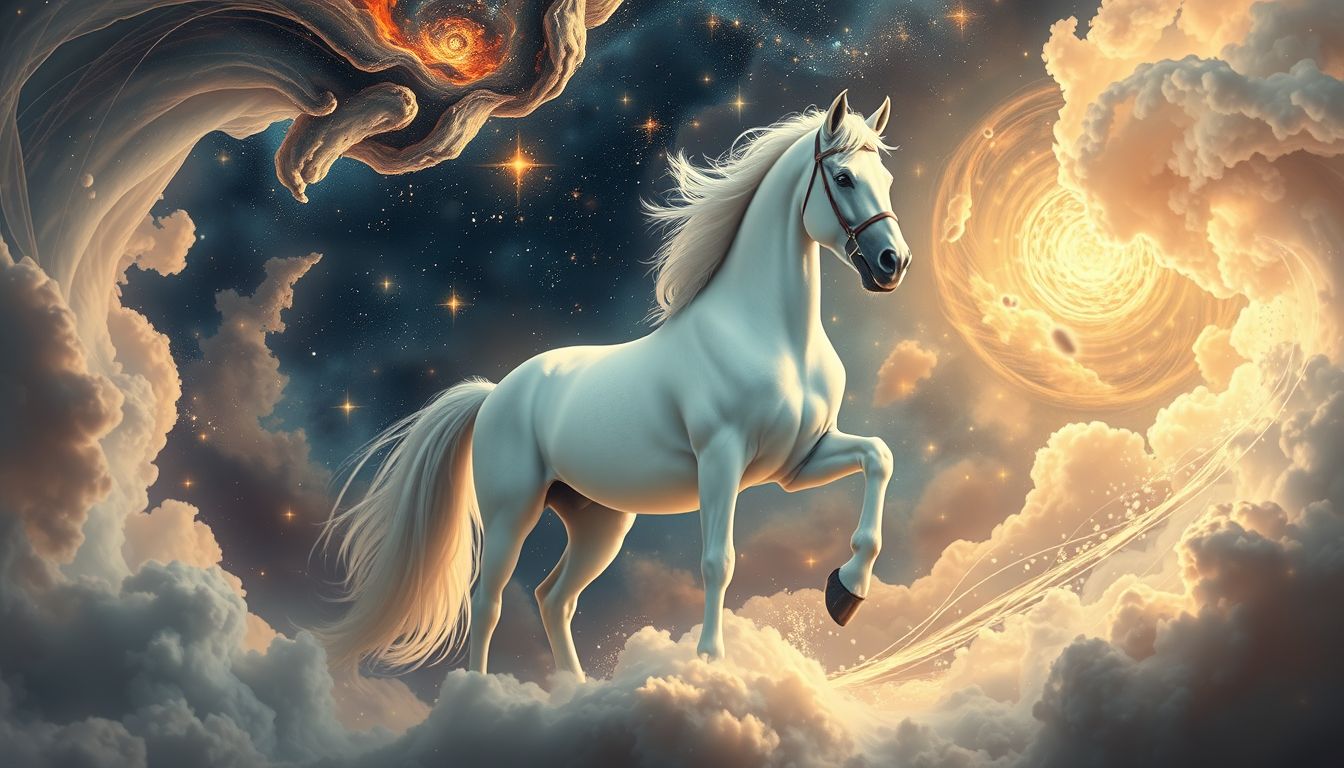 Ein widerspenstiger Lipizzaner symbolisiert innere Konflikte und Rebellion.