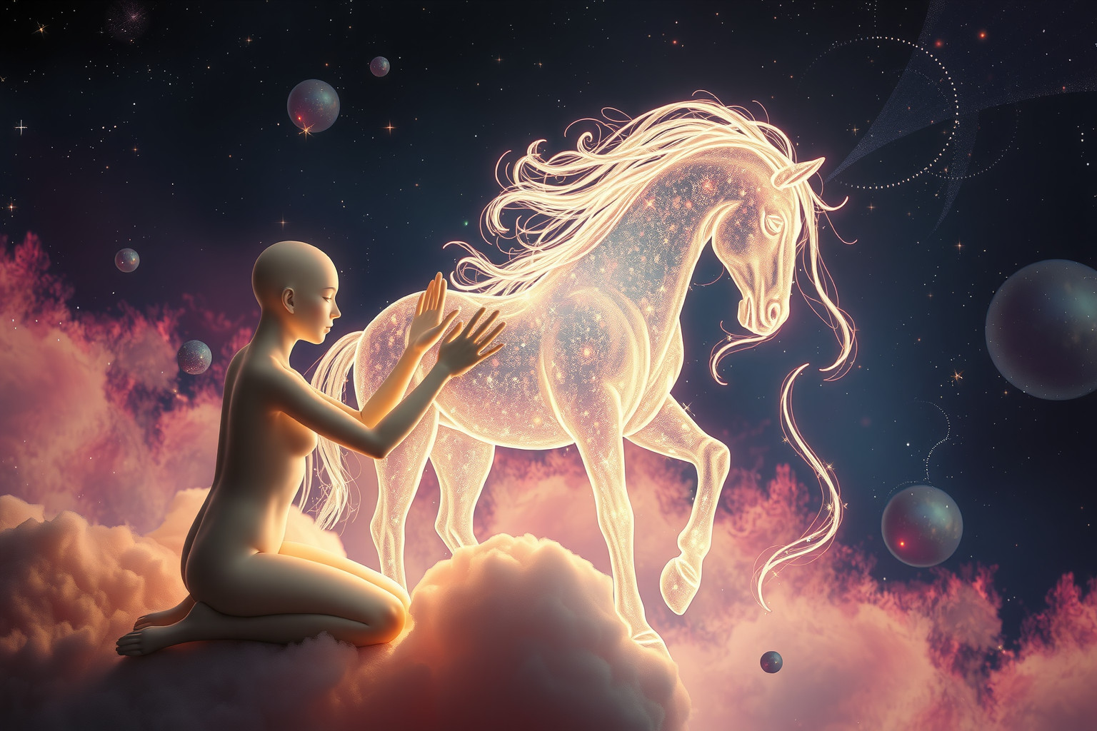 Ein Rossarzt, der ein Pferd putzt, symbolisiert Fürsorge und Heilung.