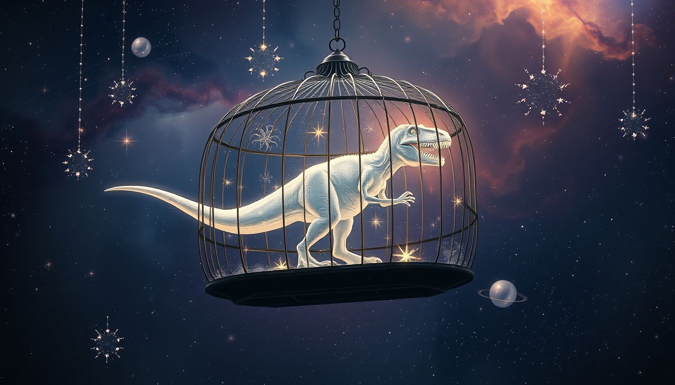 Ein T-Rex im Zoo symbolisiert uralte, unterdrückte Ängste und Macht.