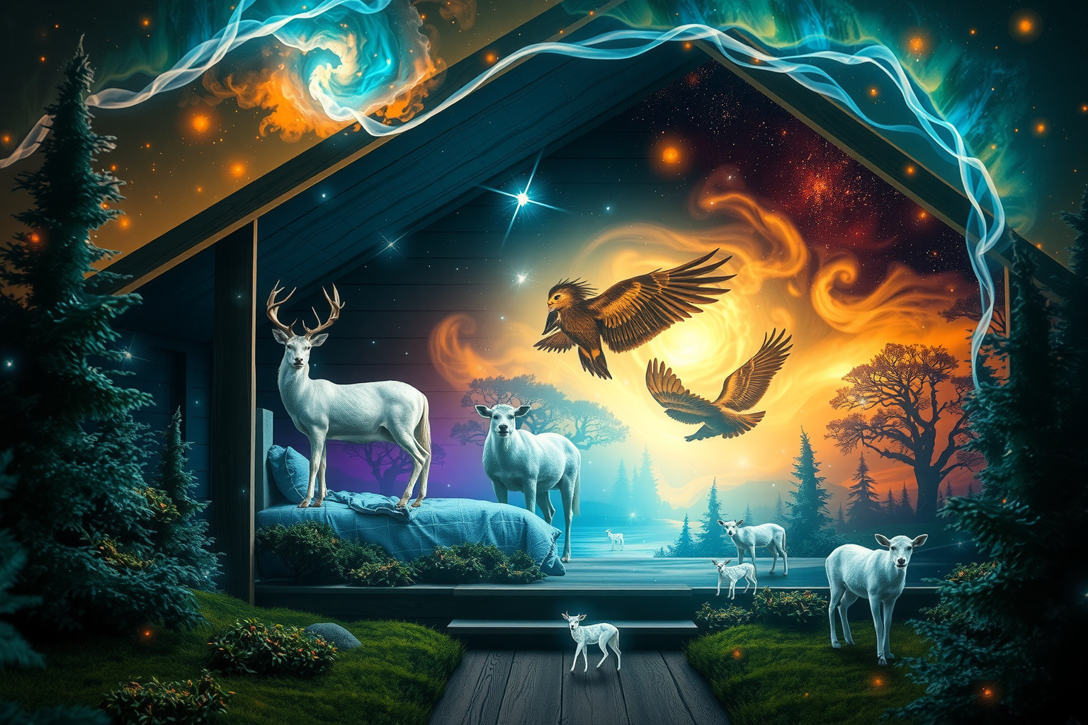 Traum 11: Tiere in Jagdhütte symbolisieren verborgene Instinkte und Freiheit.