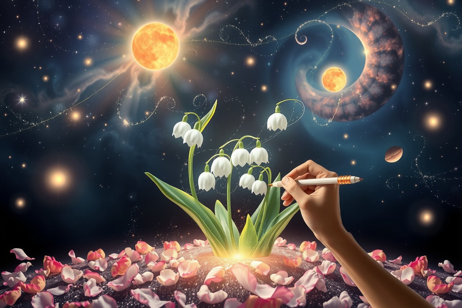 Traum 13 symbolisiert Kreativität und innere Reinheit beim Maiglöckchen-Malen.