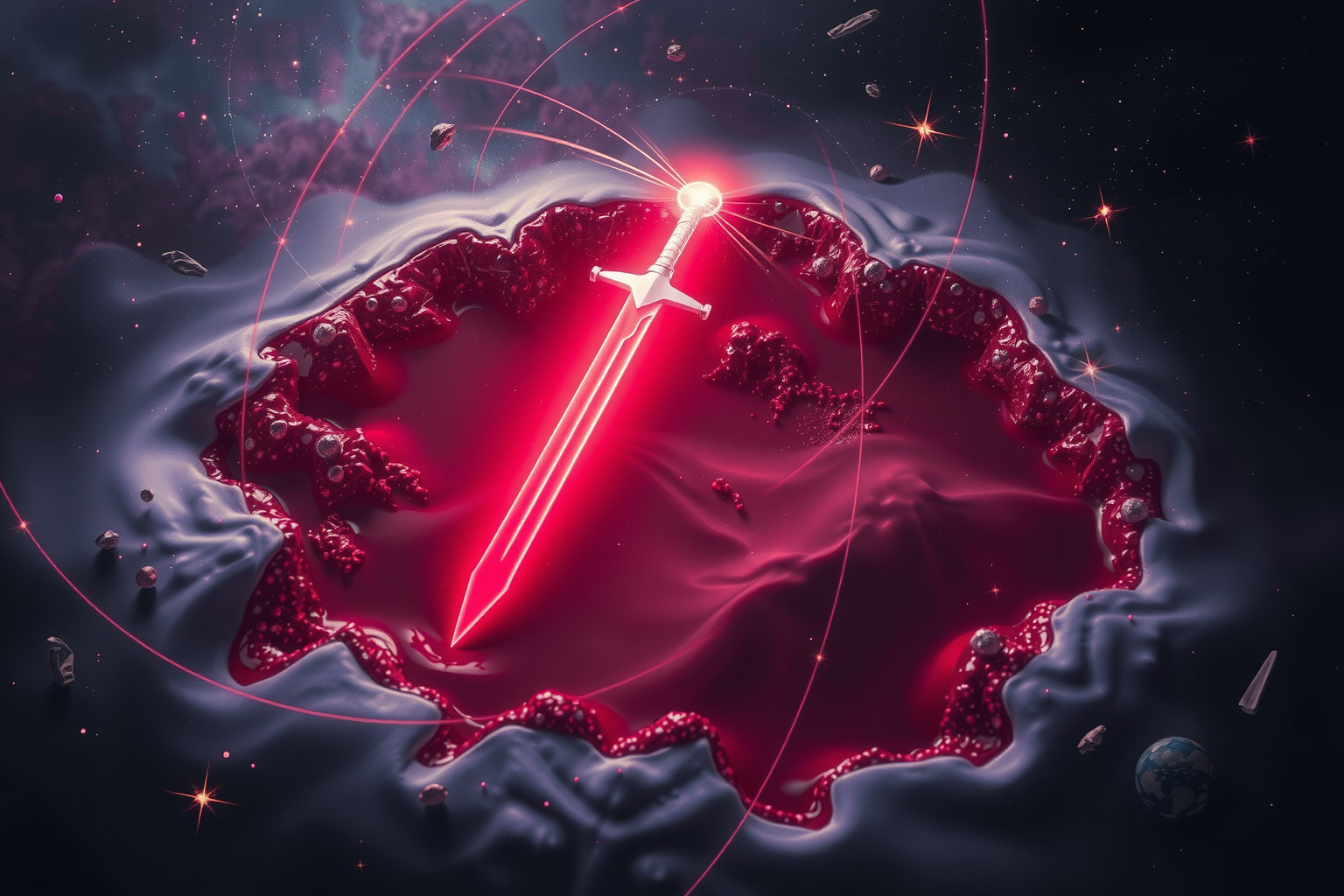 Ein Rapier im Blut symbolisiert innere Stärke und entschlossene Handlungen.