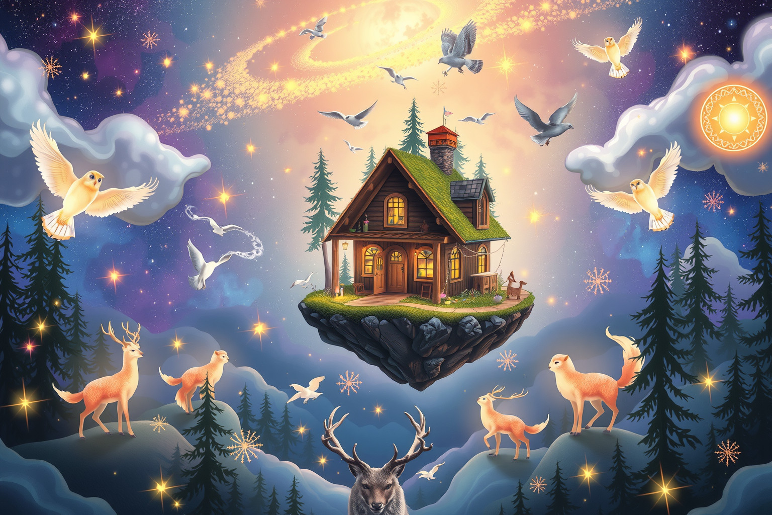 Ein Försterhaus voller Tiere symbolisiert Harmonie zwischen Mensch und Natur.
