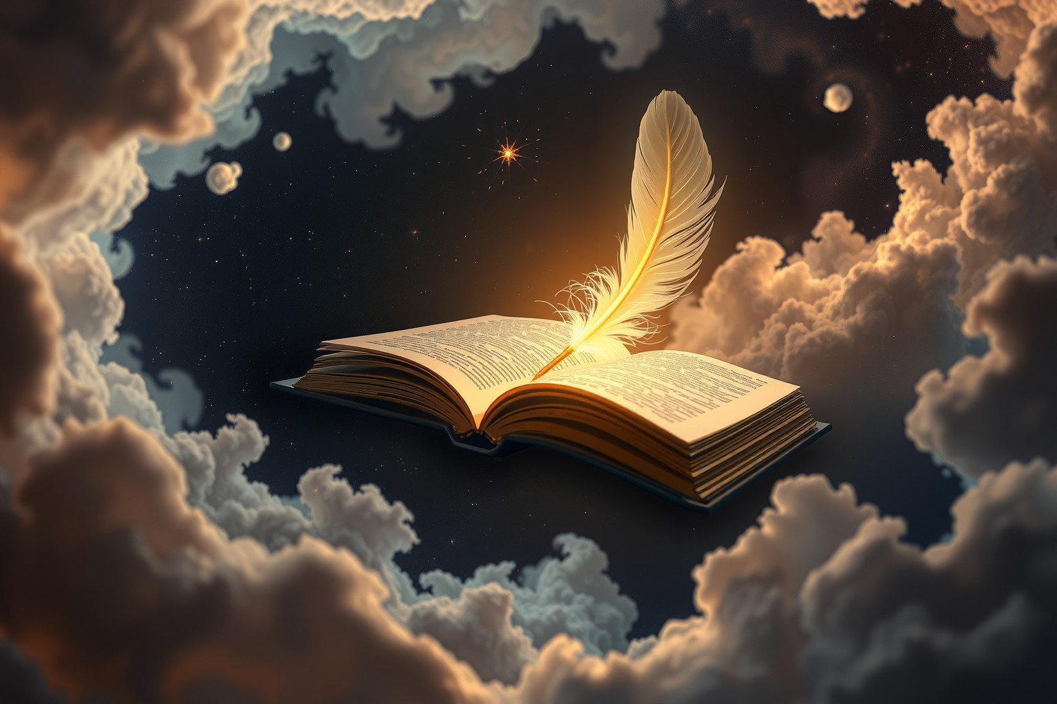 Ein Federkiel im Buch symbolisiert Weisheit und kreative Inspiration.