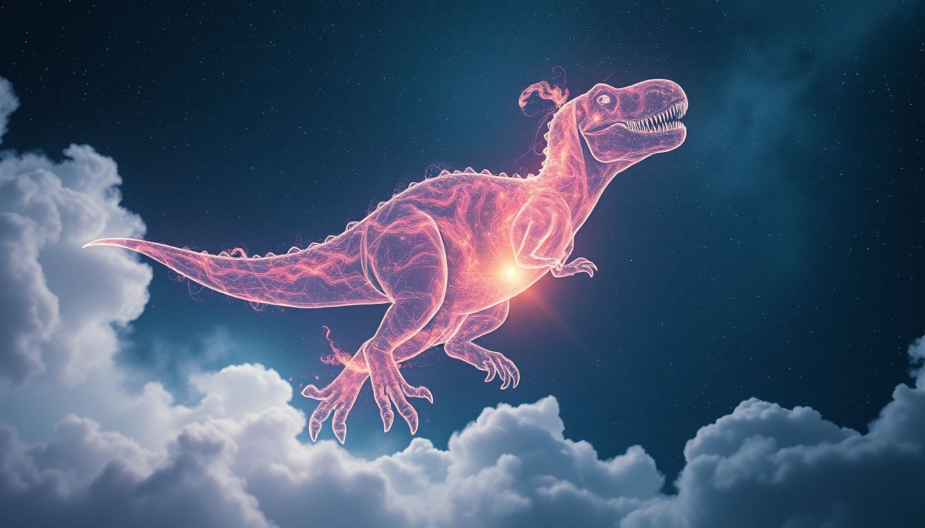 Ein T-Rex im Himmel symbolisiert Freiheit und unbezähmte Kraft.