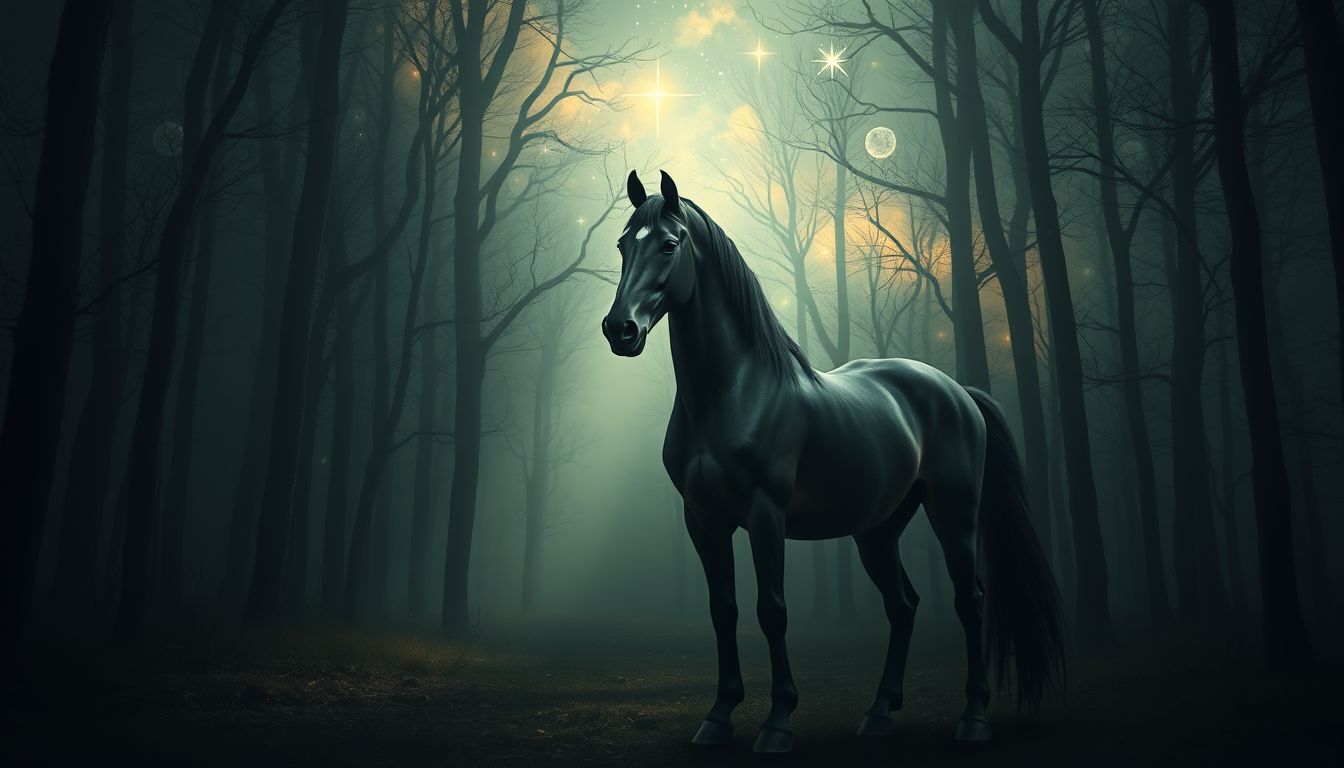 Ein schwarzer Lipizzaner im dunklen Wald symbolisiert verborgene Kraft.