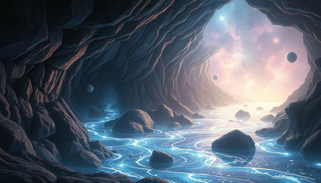 Ein unterirdischer Fluss symbolisiert verborgene Emotionen und Transformation.