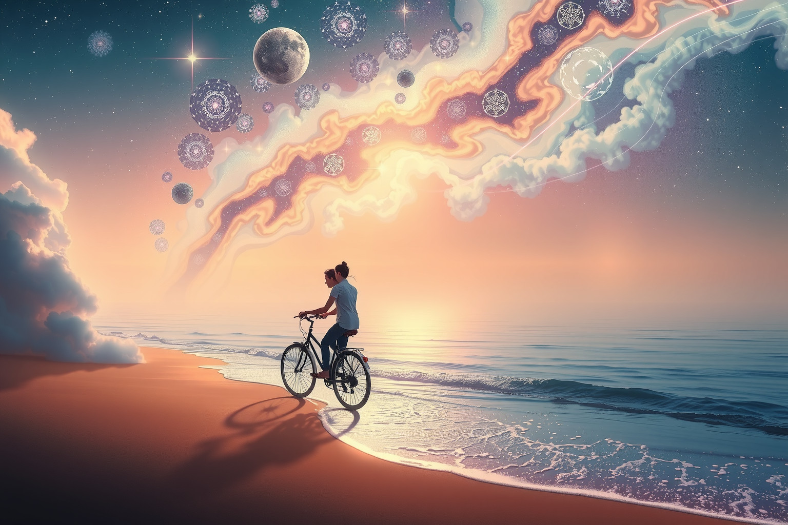Ein Tandem am Strand symbolisiert gemeinsame Reise und Harmonie.