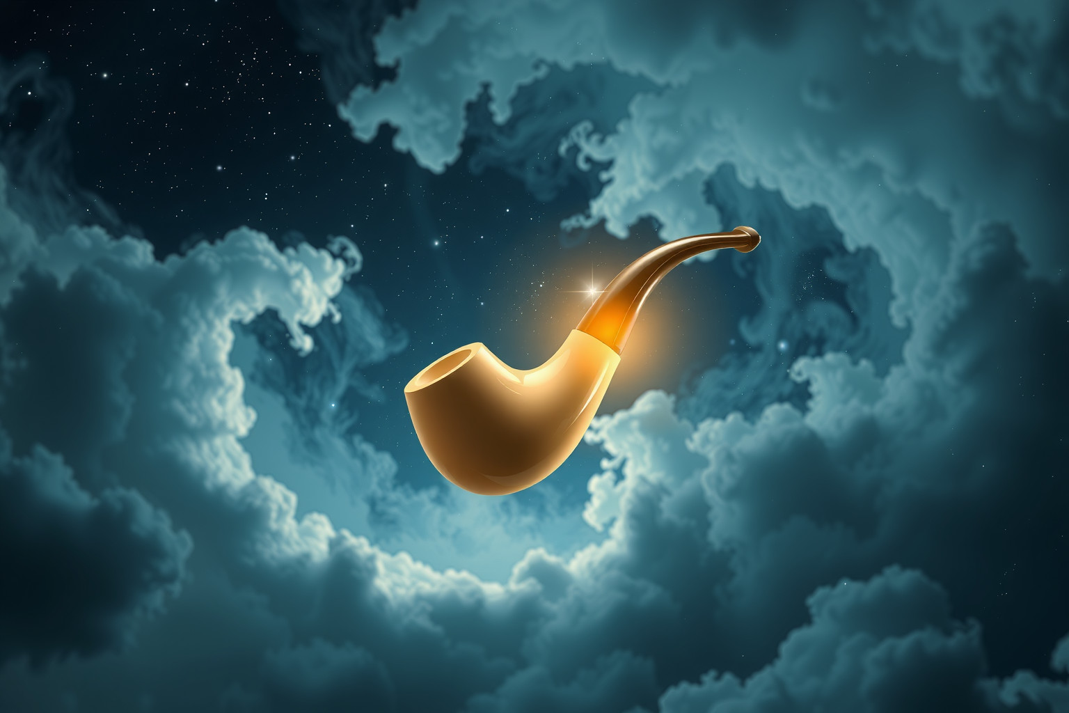 Eine schwebende Meerschaumpfeife symbolisiert geistige Freiheit und Kreativität.