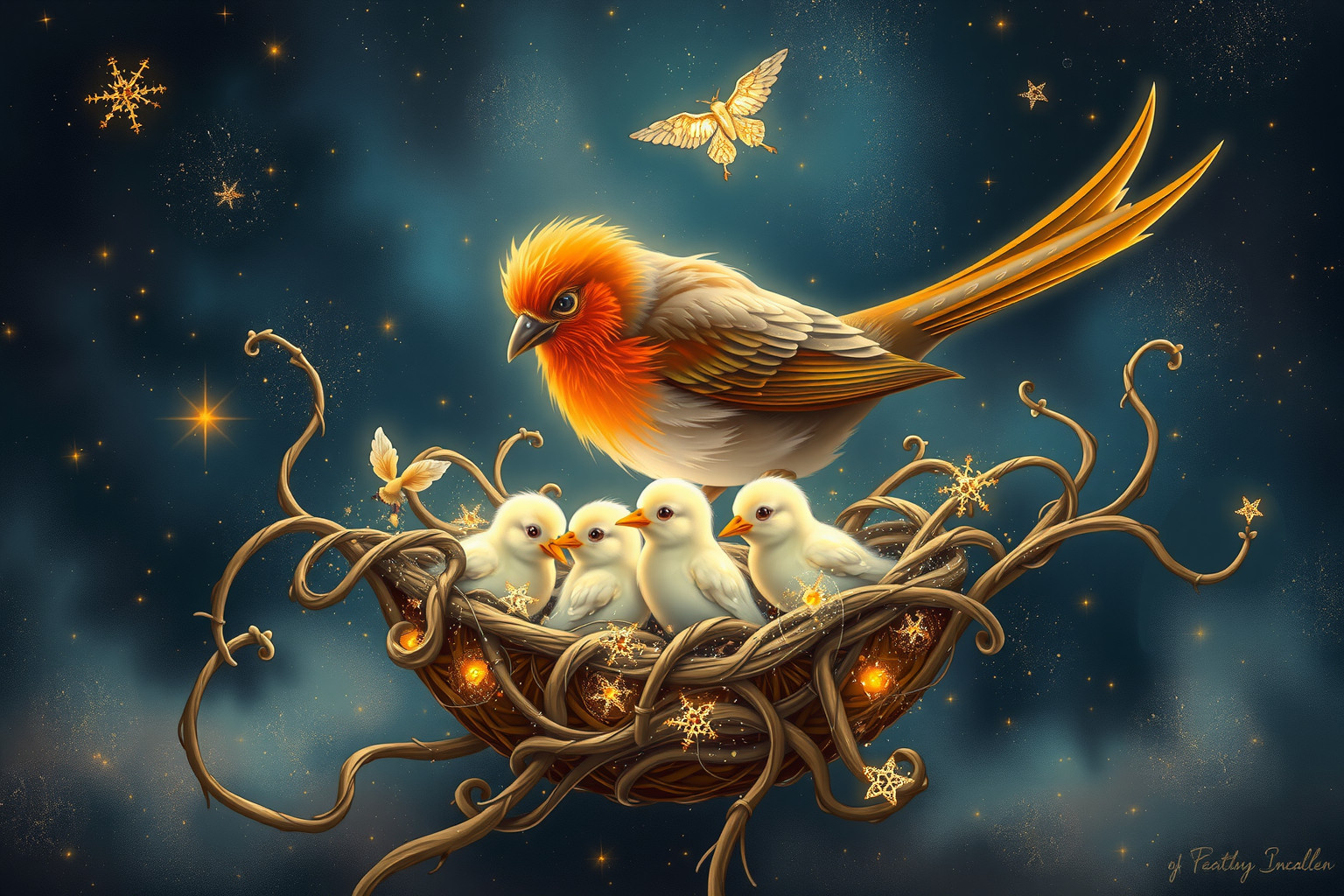 Ein Rotkehlchen füttert Jungvögel – Symbol für Fürsorge und Neubeginn.