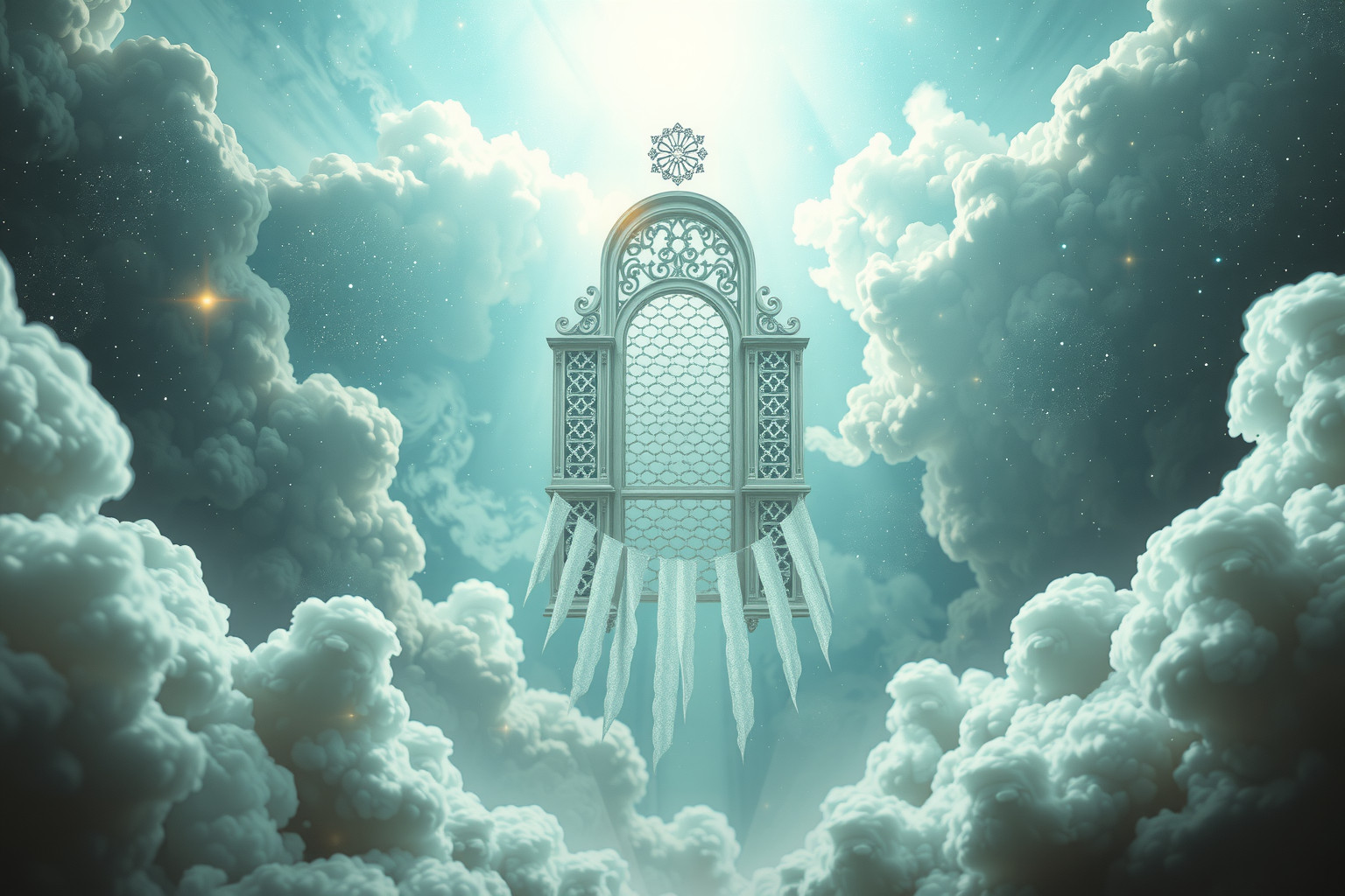 Ein Gittertor im Himmel symbolisiert spirituelle Prüfung und Zugang.