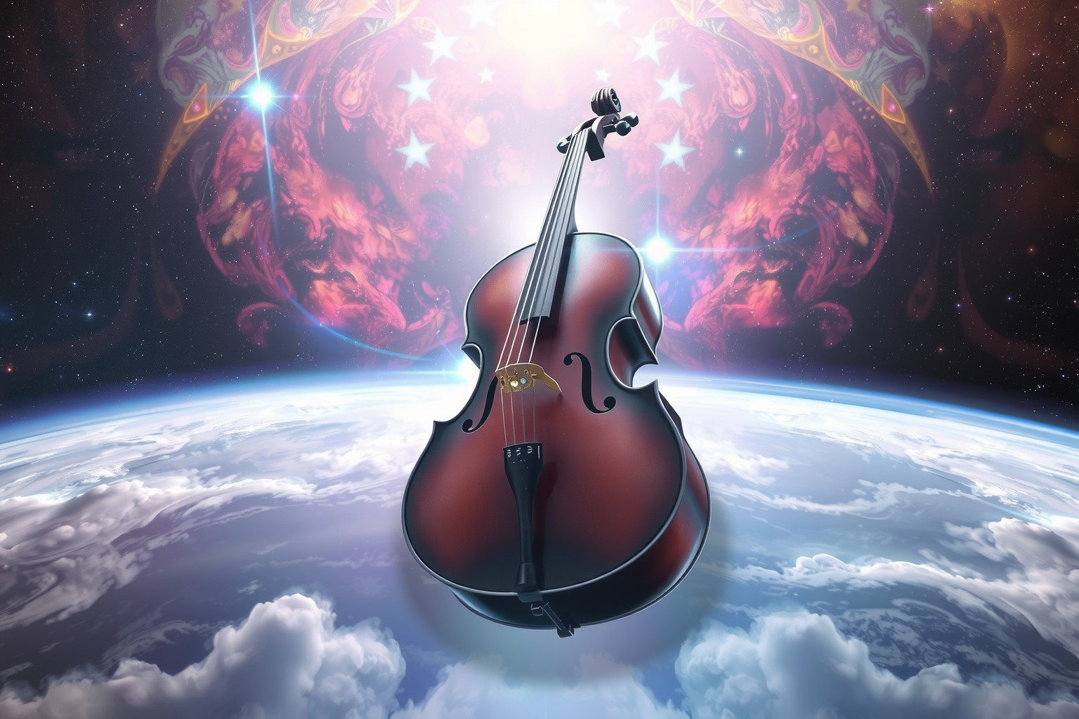Ein riesiges Cello symbolisiert starke kreative und emotionale Kraft.