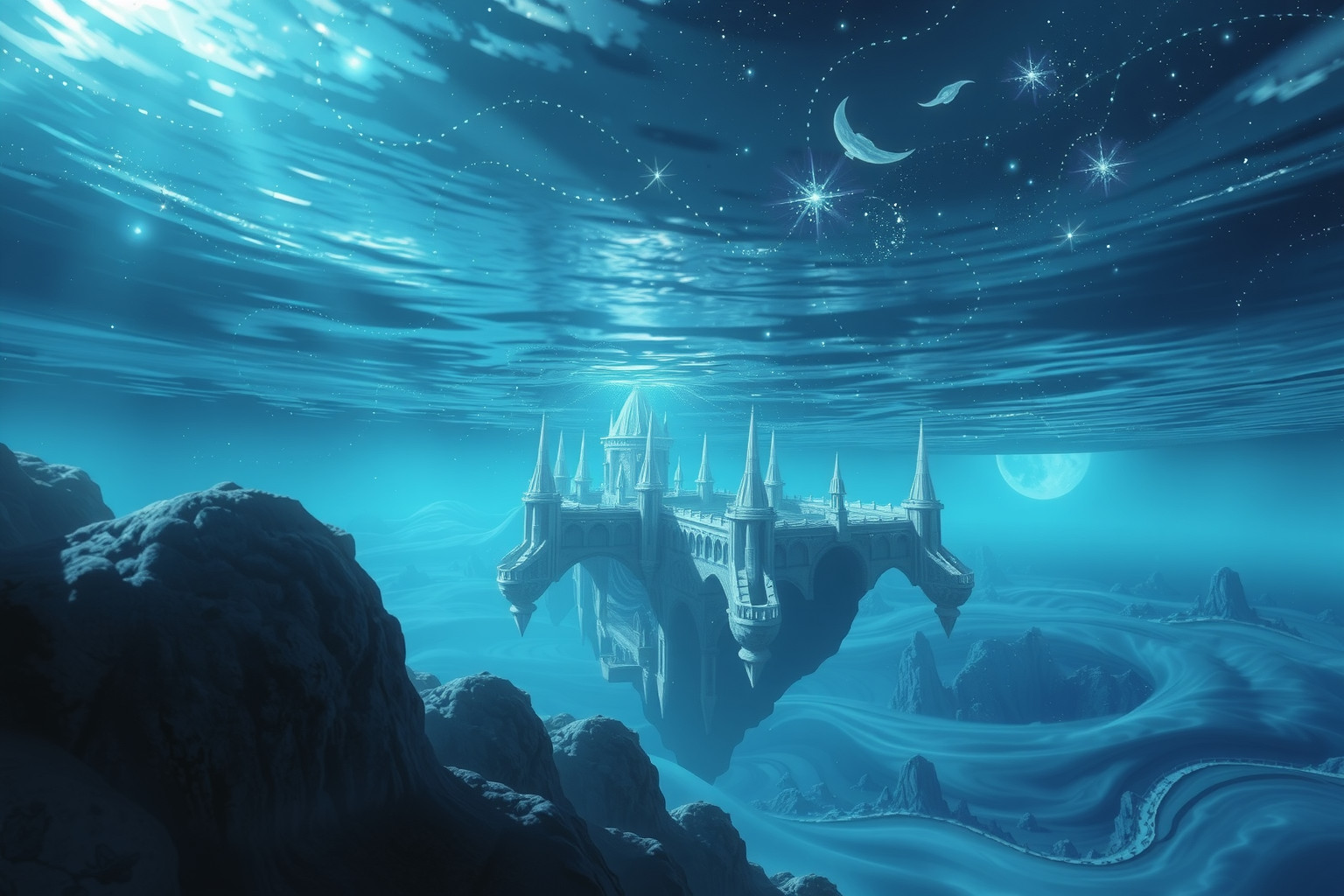 Eine unter Wasser liegende Zitadelle symbolisiert verborgene emotionale Schutzmechanismen.