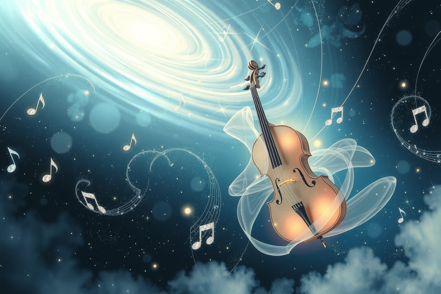 Ein Cello im Himmel symbolisiert spirituelle Harmonie und Erfüllung.