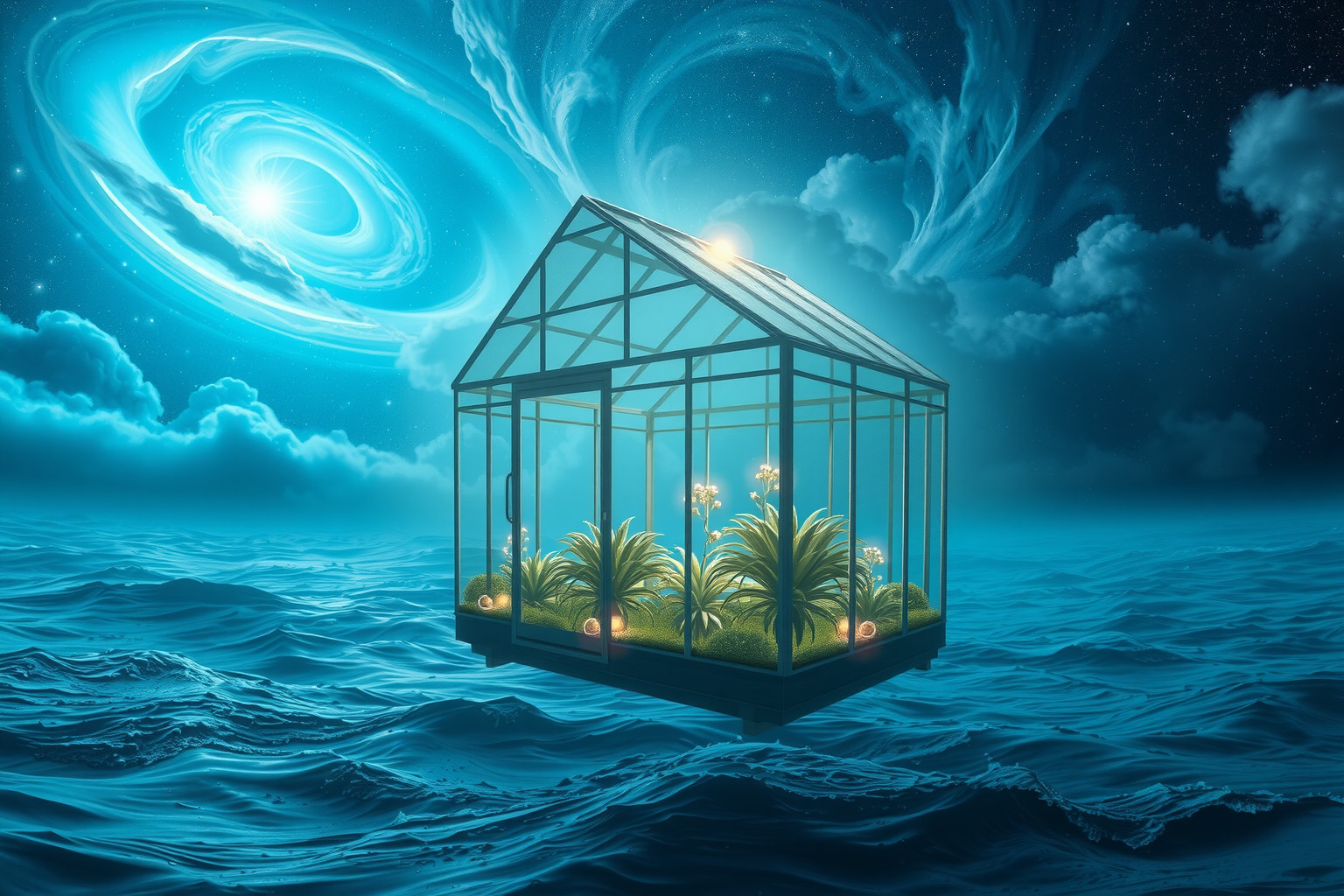 Ein Gewächshaus am Meer symbolisiert Schutz in emotionalen Übergängen.
