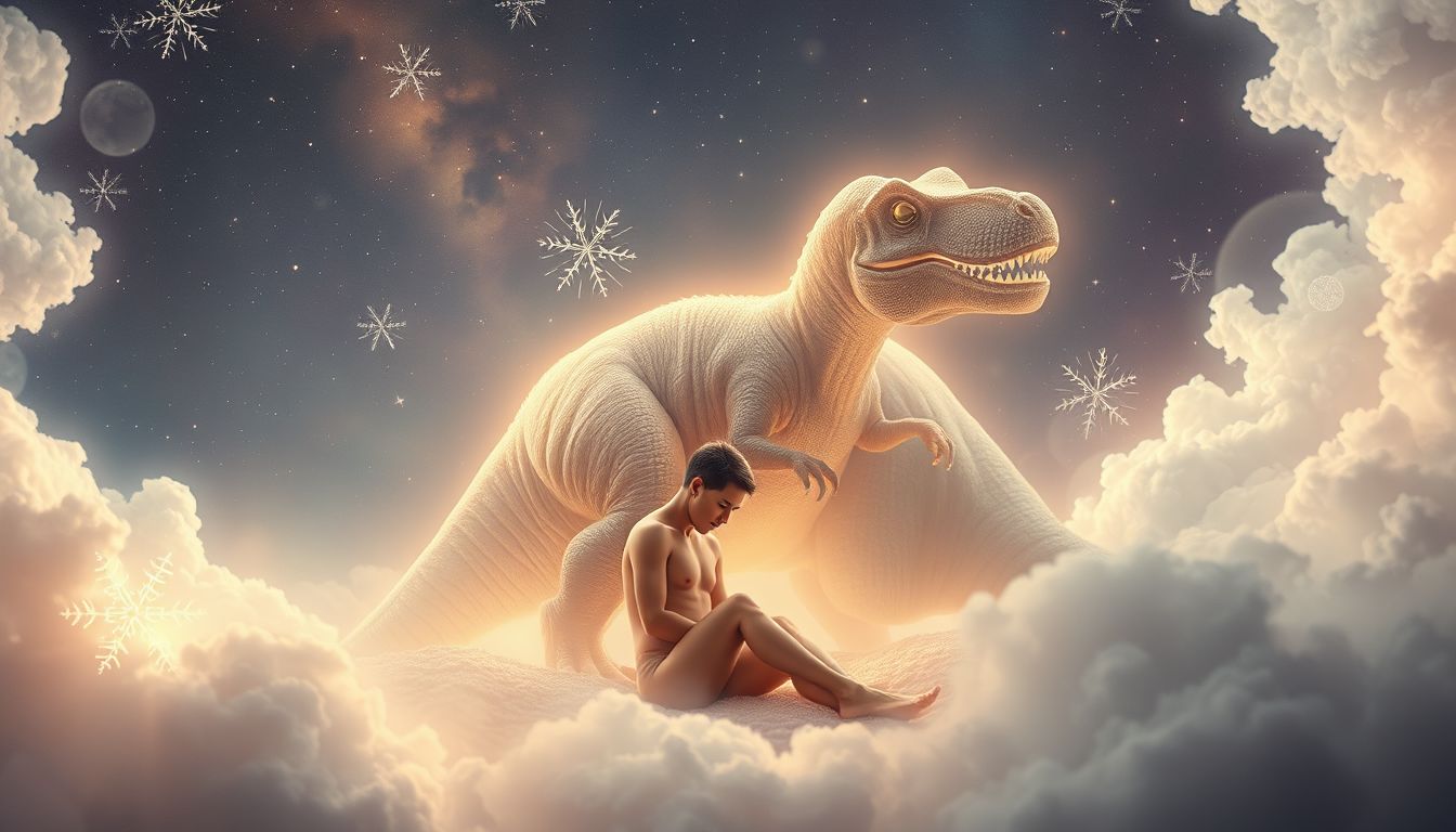 Ein T-Rex als Haustier symbolisiert mächtige, unkontrollierbare innere Kräfte.