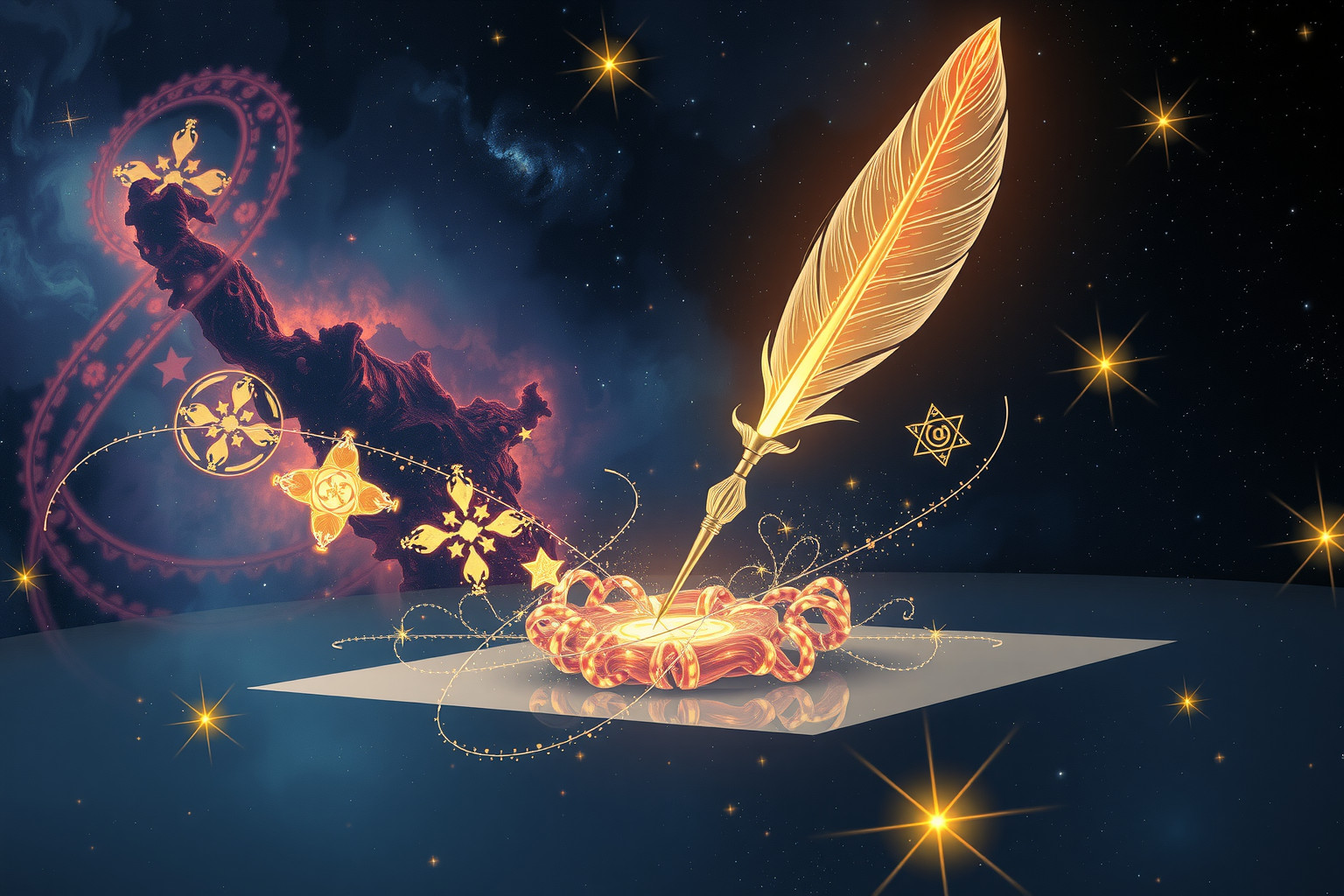 Ein selbstschreibender Federkiel symbolisiert kreative Inspiration und verborgene Botschaften.